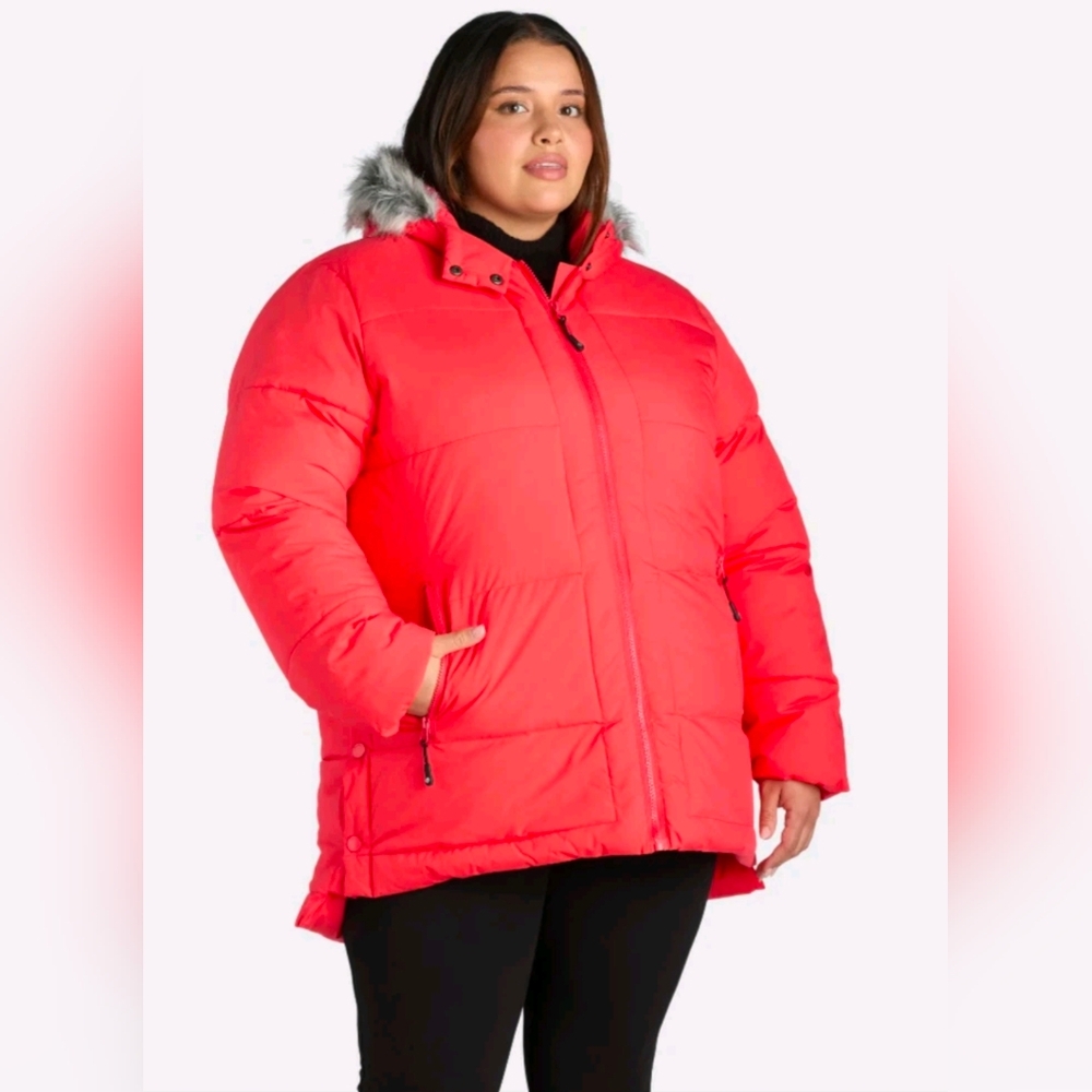 Big Chill Hibiscus Puffer Jacket with Faux Fur Trim